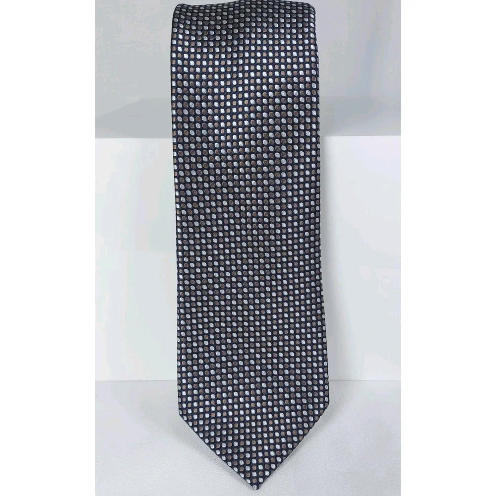 Jos A Bank Travelers Necktie Black Tan Geometric Dot‎ Tie 100% Silk 3.5